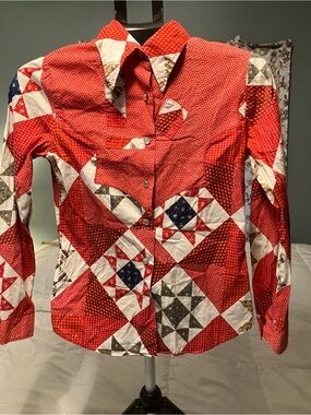 Vintage 1970s You Babes Patchwork Quilt Print Western Snap Shirt Women’s S